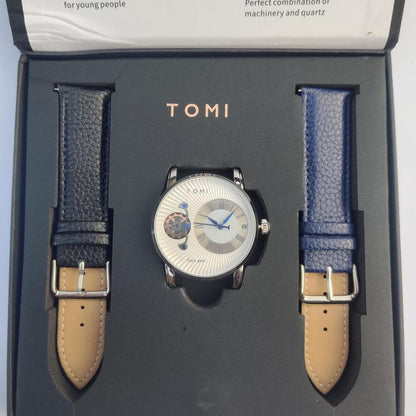 Gear Crew Skeleton Dial Watch with 2 Interchangeable Leather Straps