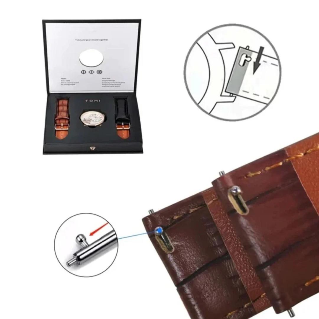 Gear Crew Skeleton Dial Watch with 2 Interchangeable Leather Straps