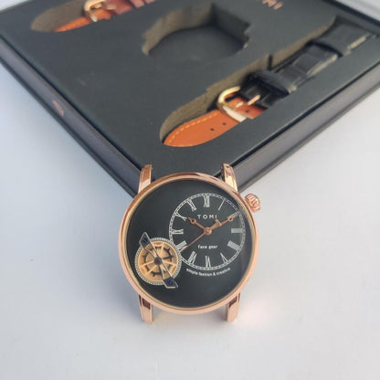 Gear Crew Exclusive TOMI Luxury Quartz Watch Gift Set – Rose Gold Black Dial with 2 Leather Straps