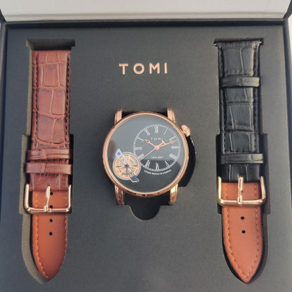 Gear Crew Exclusive TOMI Luxury Quartz Watch Gift Set – Rose Gold Black Dial with 2 Leather Straps
