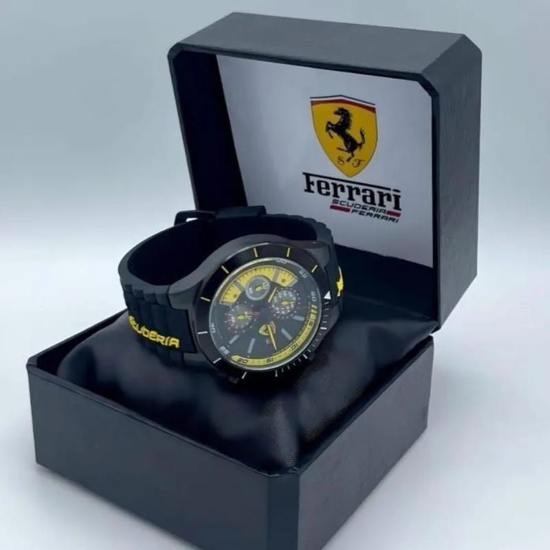 Ferrari Classic Chronograph Wrist Watch Black Yellow Stainless Steel