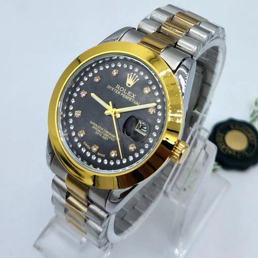 Men's Two-Tone Stainless Steel Gold Watch Black Dial Diamond Markers