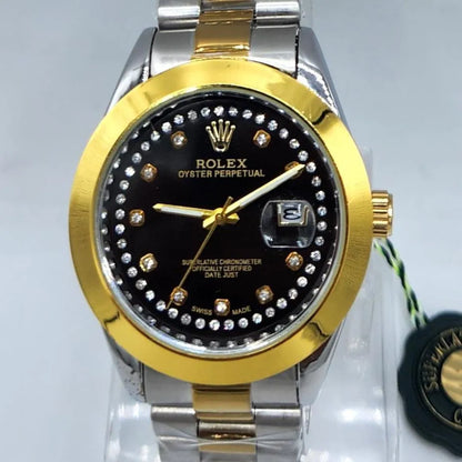 Men's Two-Tone Stainless Steel Gold Watch Black Dial Diamond Markers