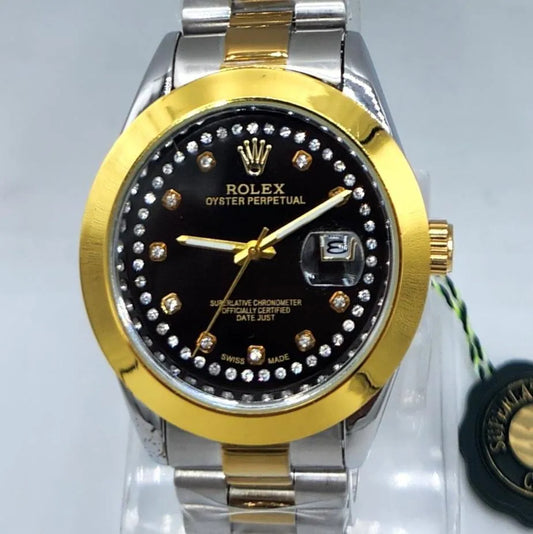 Men's Two-Tone Stainless Steel Gold Watch Black Dial Diamond Markers