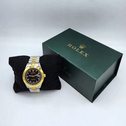 Men's Two-Tone Stainless Steel Gold Watch Black Dial Diamond Markers