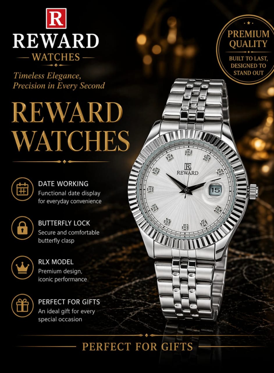 REWARD Classic RLX-Model Luxury Watch – Fluted Bezel & Stainless Steel Link Strap