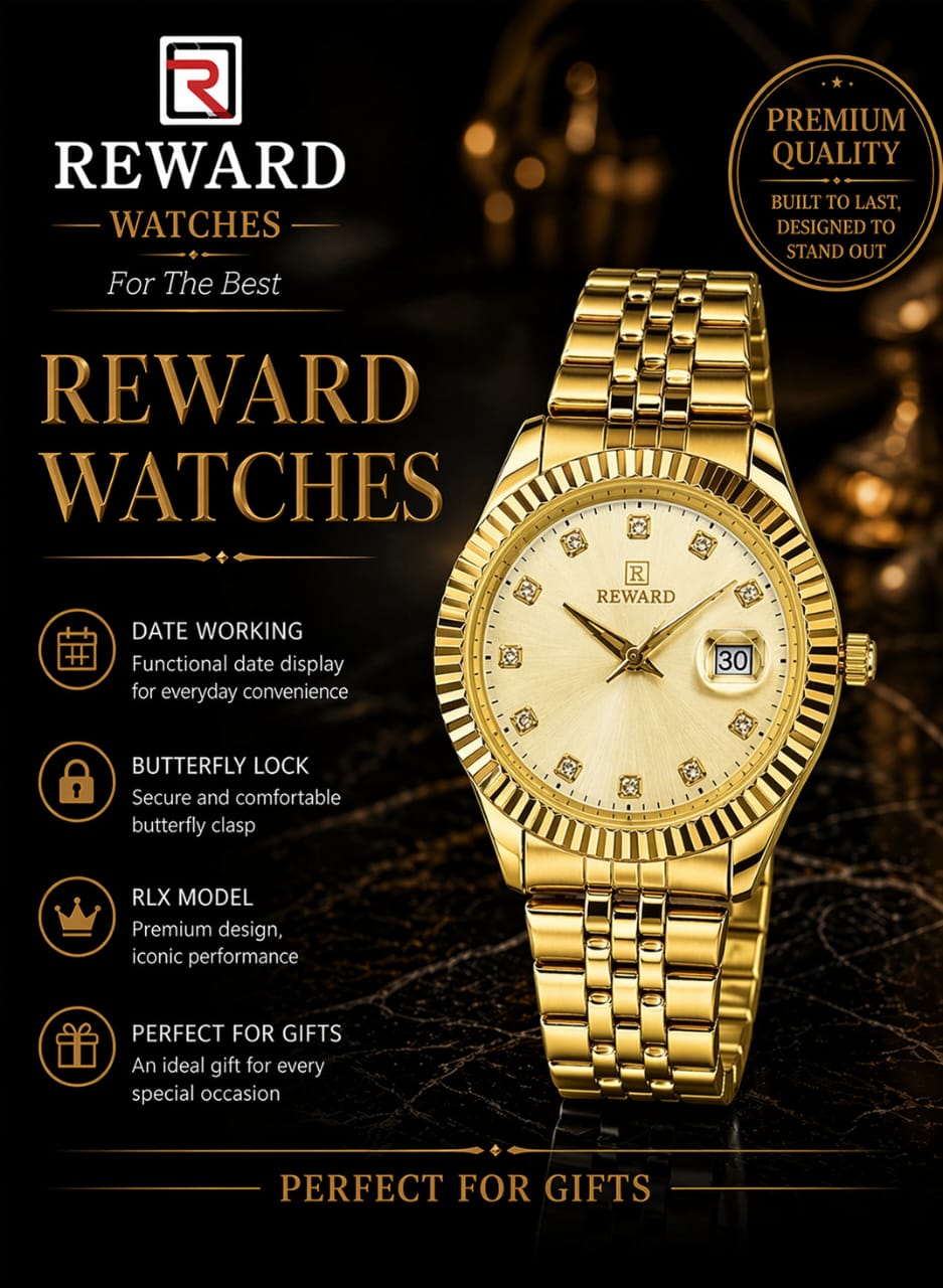 REWARD Classic RLX-Model Luxury Watch – Fluted Bezel & Stainless Steel Link Strap