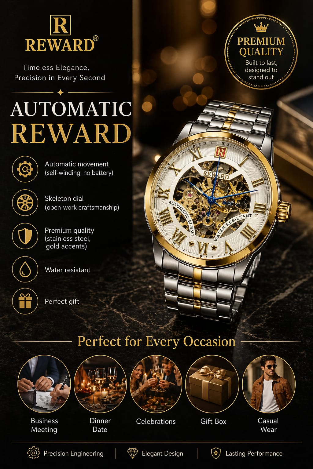 REWARD Automatic Skeleton Watch – Luxury Mechanical Stainless Steel Waterproof Wrist Watch for Men
