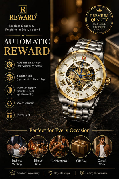 REWARD Automatic Skeleton Watch – Luxury Mechanical Stainless Steel Waterproof Wrist Watch for Men