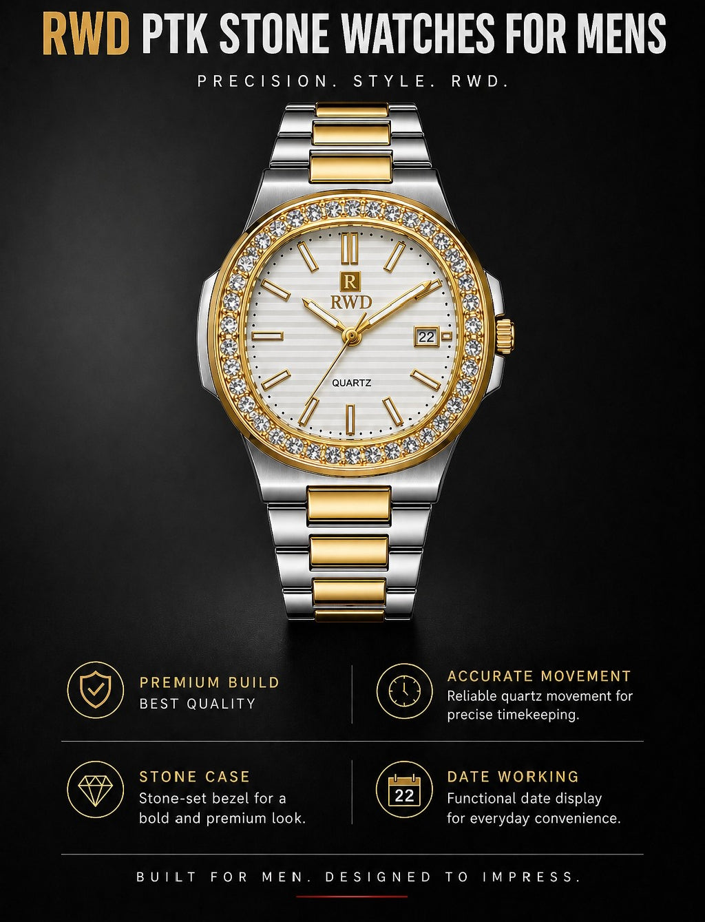 RWD PTK Stone Watches for Men – Luxury Quartz Stainless Steel Watch | Premium Crystal Bezel