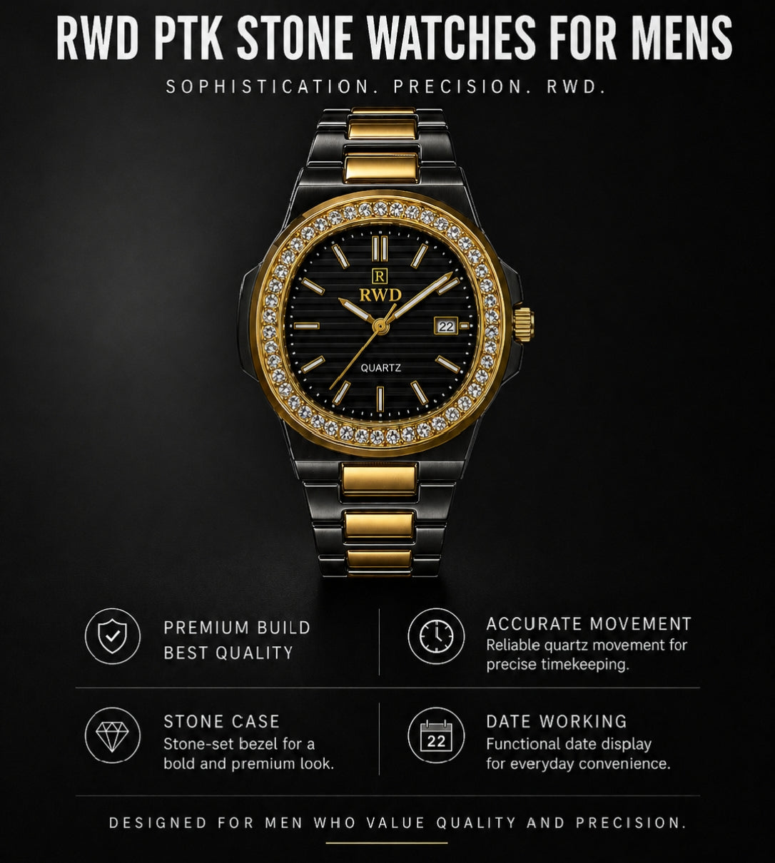 RWD PTK Stone Watches for Men – Luxury Quartz Stainless Steel Watch | Premium Crystal Bezel
