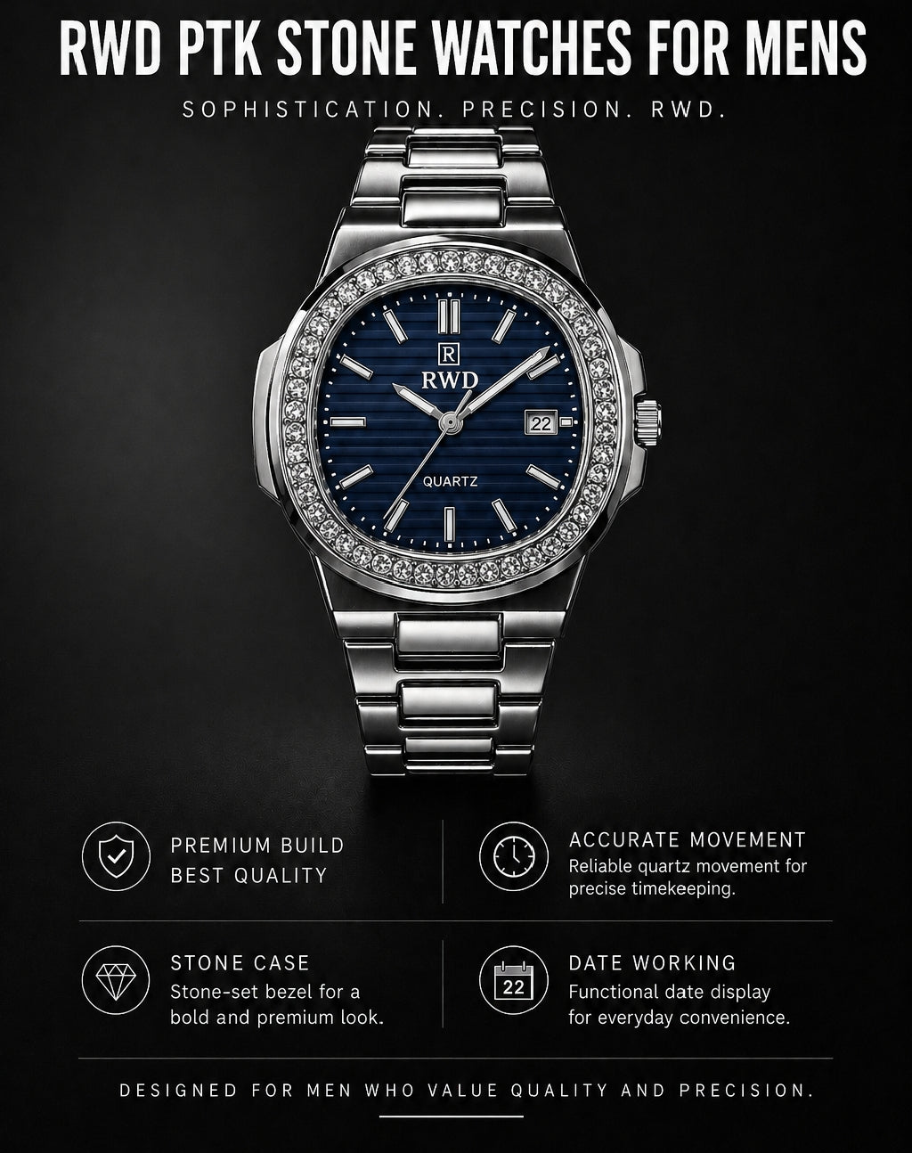 RWD PTK Stone Watches for Men – Luxury Quartz Stainless Steel Watch | Premium Crystal Bezel