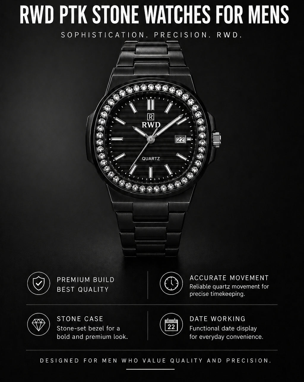 RWD PTK Stone Watches for Men – Luxury Quartz Stainless Steel Watch | Premium Crystal Bezel