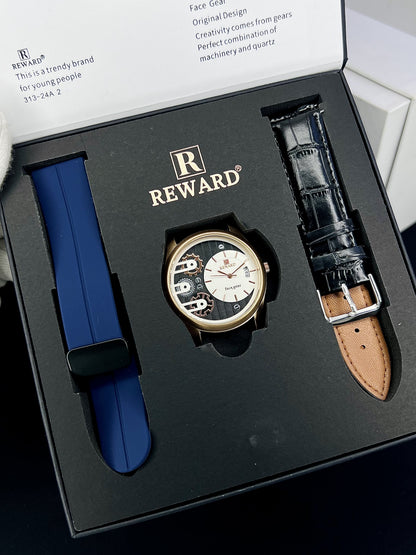 Reward Face Gear Classic Men's Analog Watch | Black Leather & Silicone Strap Set