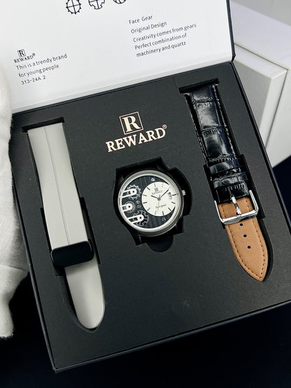 Reward Face Gear Classic Men's Analog Watch | Black Leather & Silicone Strap Set