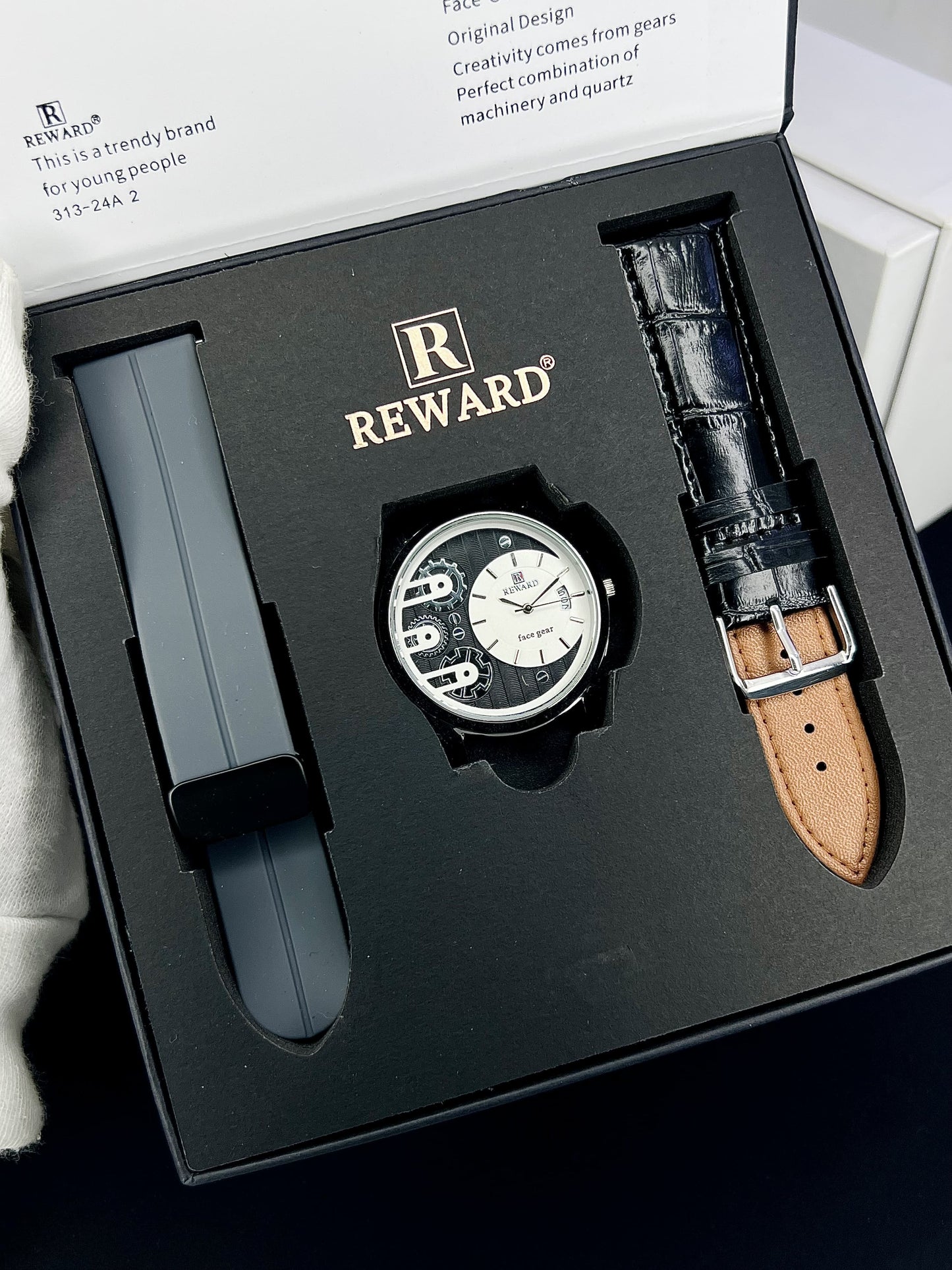 Reward Face Gear Classic Men's Analog Watch | Black Leather & Silicone Strap Set