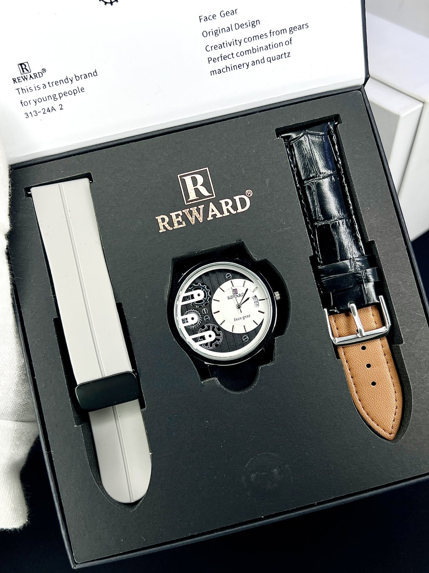 Reward Face Gear Classic Men's Analog Watch | Black Leather & Silicone Strap Set